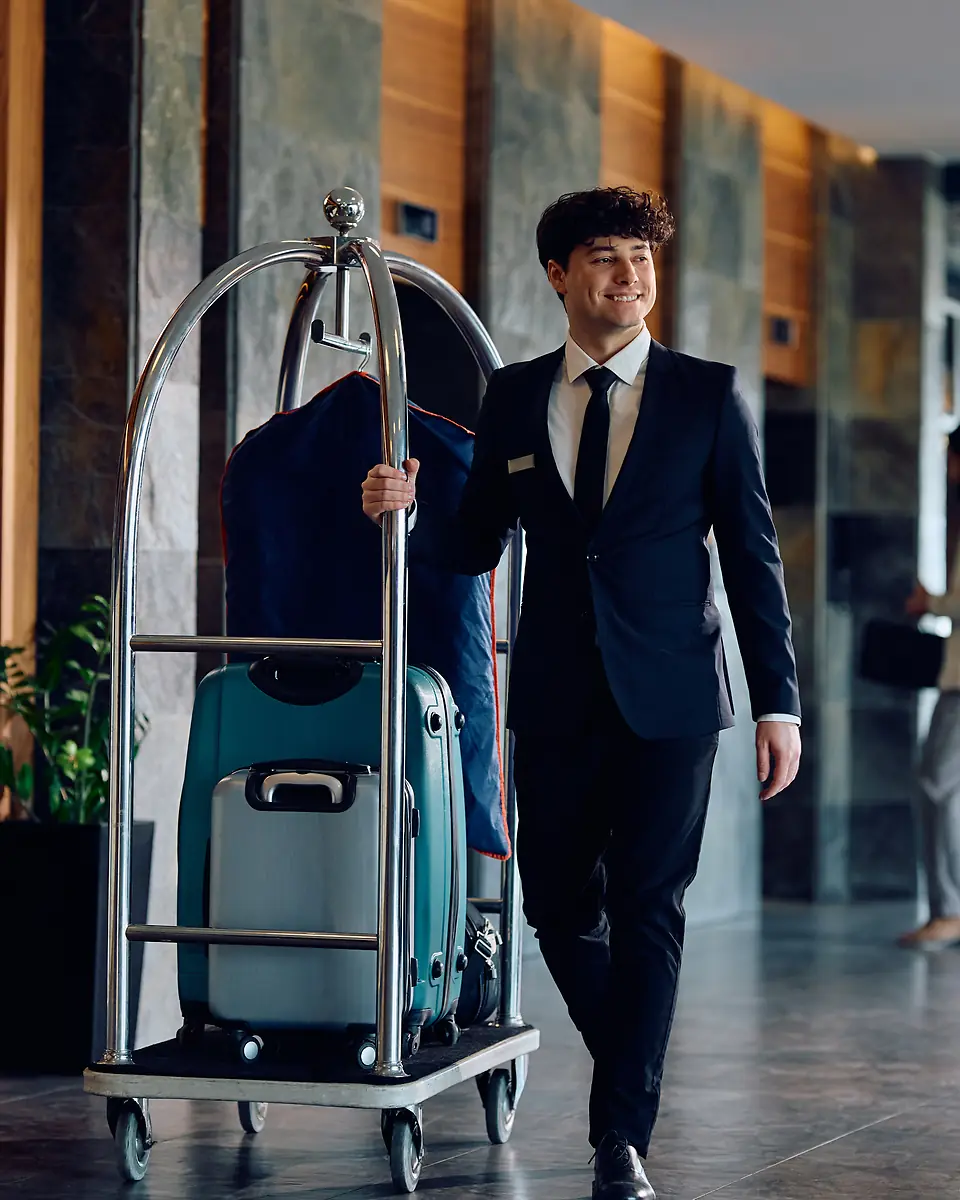 Bagagiste souriant poussant un chariot de valises dans le hall d'un hôtel